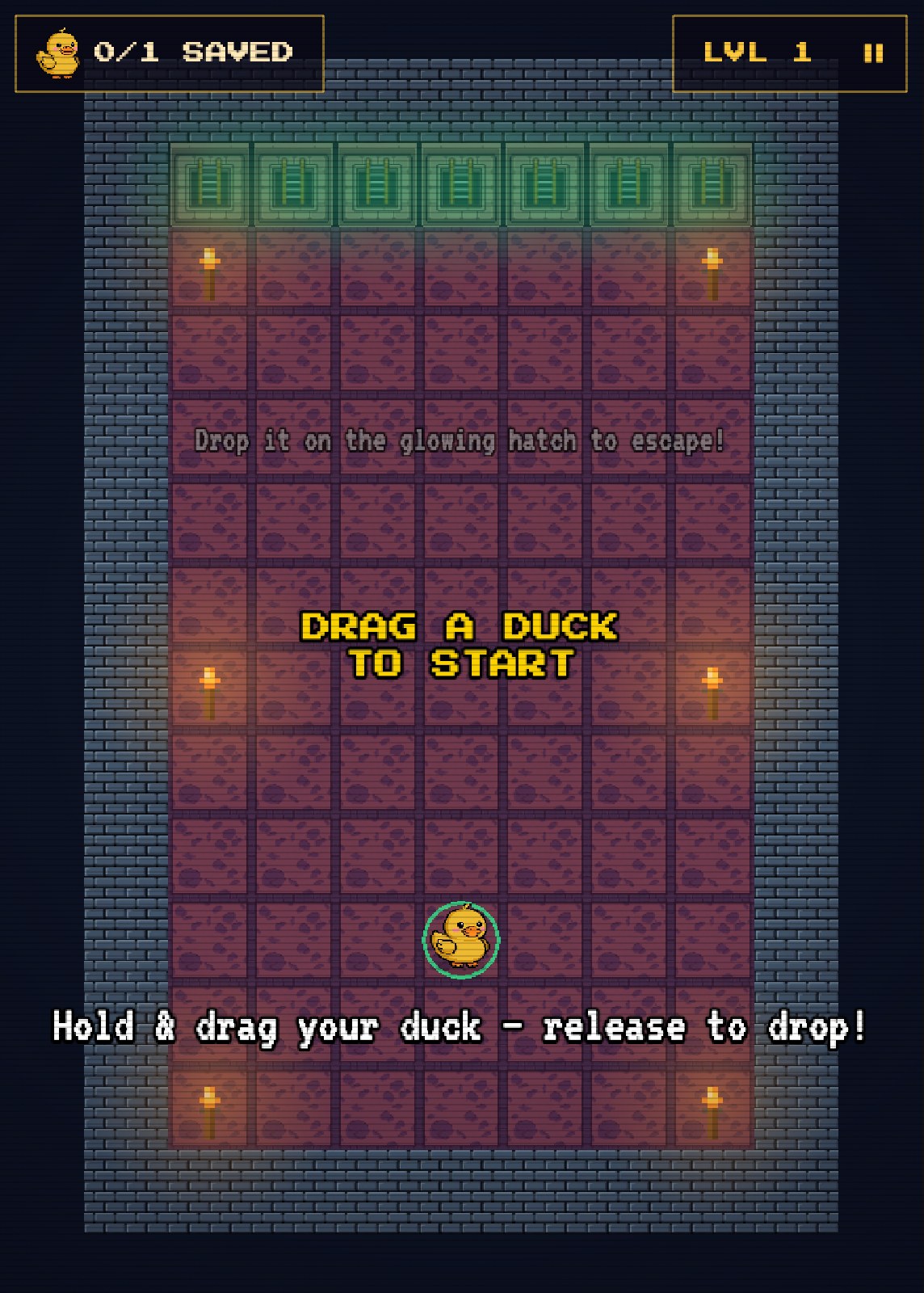 ducked up: a pixel-art dungeon level with a duck to drag to the glowing hatch