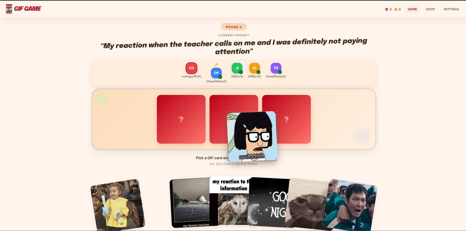Gif Game gameplay: players picking reaction GIFs to a round prompt