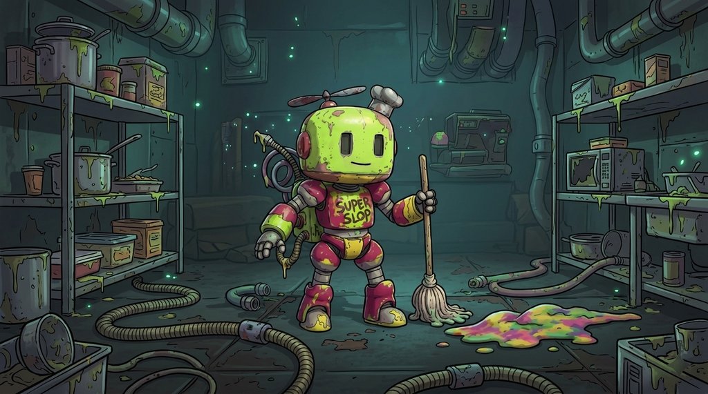 Slop Bot, a cheerful propeller-hatted robot mopping a messy lab