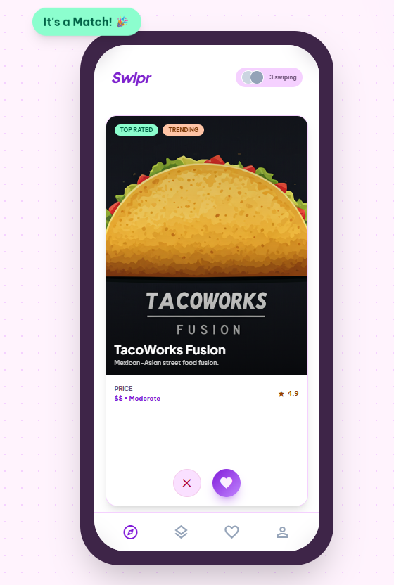 Swipr mockup: phone UI showing a TacoWorks Fusion card ready to be swiped